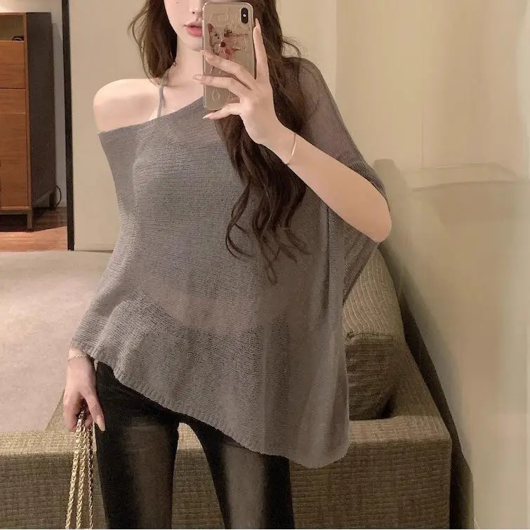 70% OFF Sexy Ice Silk Irregular Cloak Sun Protection Sweater Women's Summer Hot American Chic off-Shoulder Thin Top
