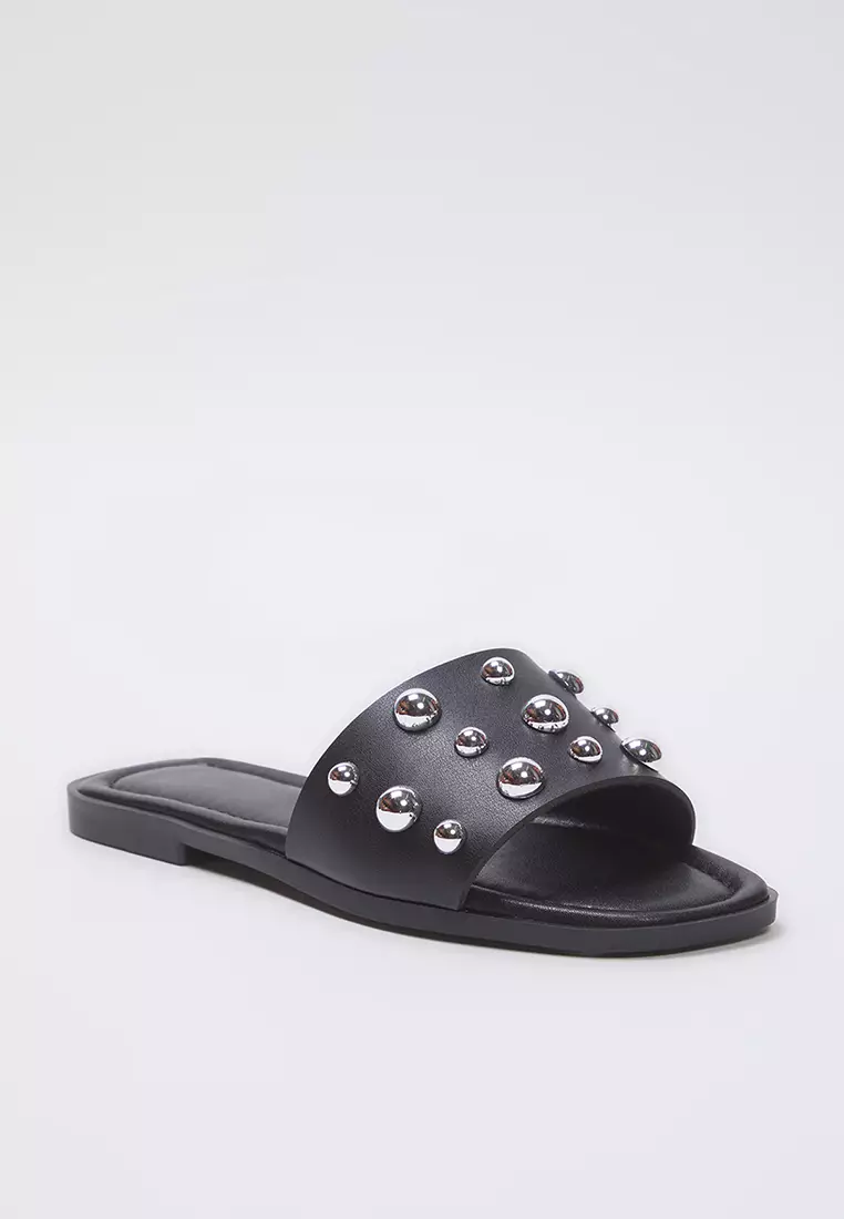 64% OFF Black Silver Trok Stone Stylish Women's Slippers Takss25Te00013