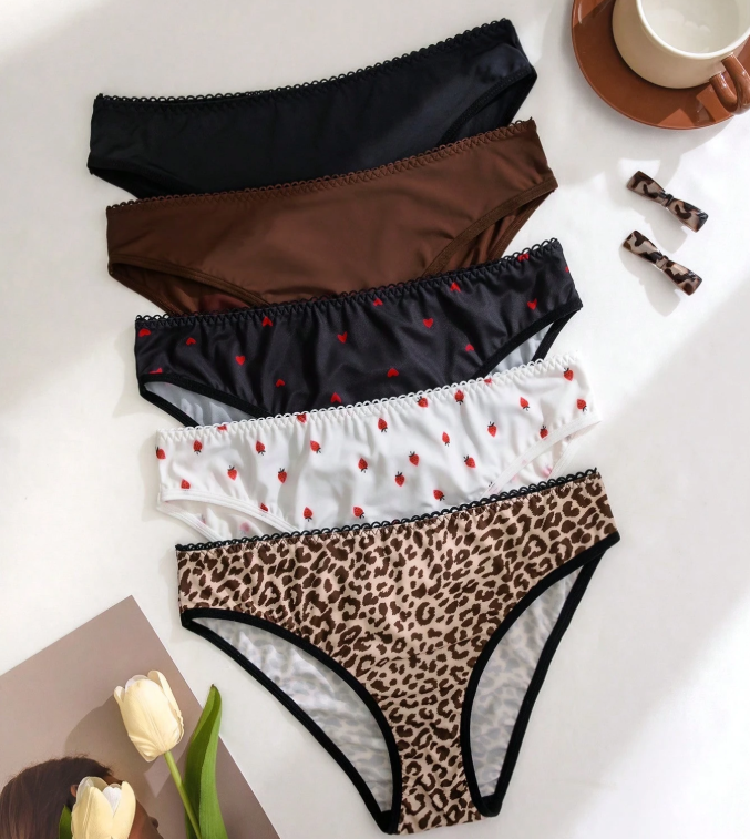 12% OFF 5pcs/Pack Women's Seamless Breathable Strawberry & Leopard Print Panties