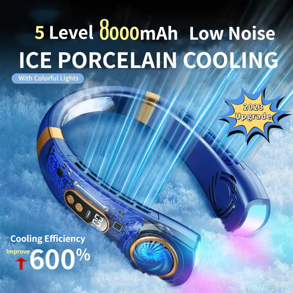 45% OFF 8000mAh Portable Neck Fan USB Rechargeable 360° Ice Porcelain Cooling Digital Display Silent Mini Fan with Colorful Lights 2023 Upgrade