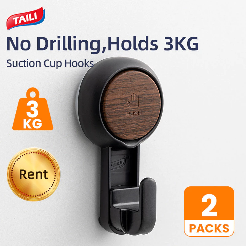 40% OFF TAILI 2 Pcs Walnut Wood Suction Cup Hook Reusable No Drill Kitchen Bathroom Hooks