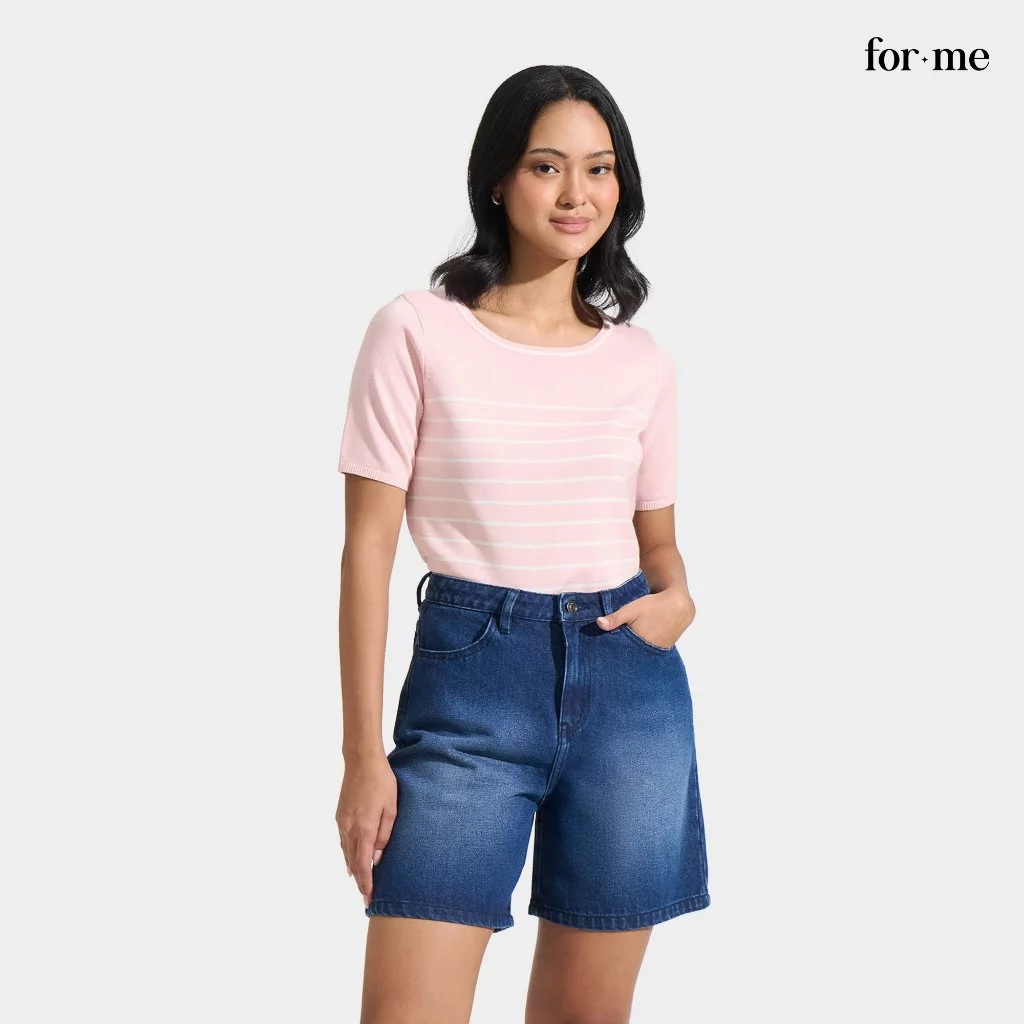 58% OFF ForMe Stripes Flat Knit Tee T-Shirt with Contrast Tipping For Women