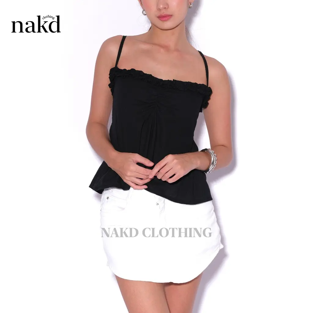 60% OFF NAKD FASHION DOROTHEA BASIC COTTON LINEN SPAGHETTI FRONT RUFFLE SUMMER DAILY CASUAL SEXY TOP 6075