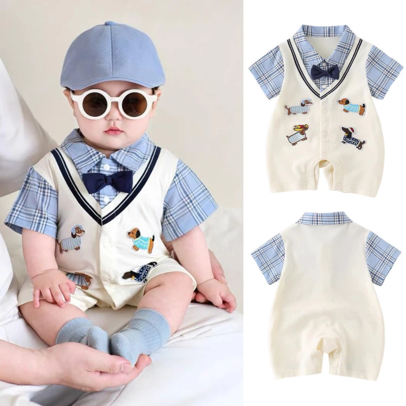 32% OFF Baby Bodysuit Summer Short Sleeves Jumpsuits Boys Gentleman Fashion Animals Prints Lapel Romper 0-2 Years Newborn