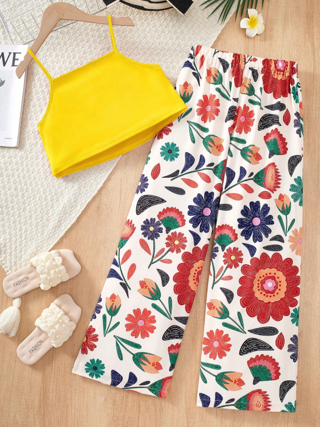 19% OFF SHEIN Summer Tween Girl Vacation Set, Layered Ruffle Camisole Top + Floral Print Wide Leg Pants, Casual Elegant, Matching Colors, Suitable For Outing, Beach Trip, Photography, Daily Wear