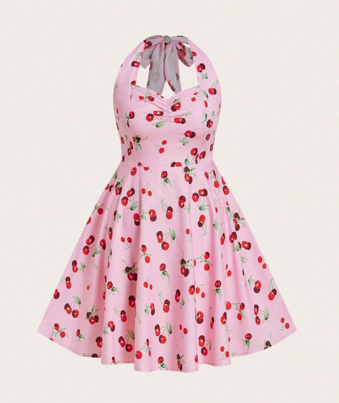 17% OFF Sweetra Plus Size Cherry Print Halter Waist A-Line Dress
