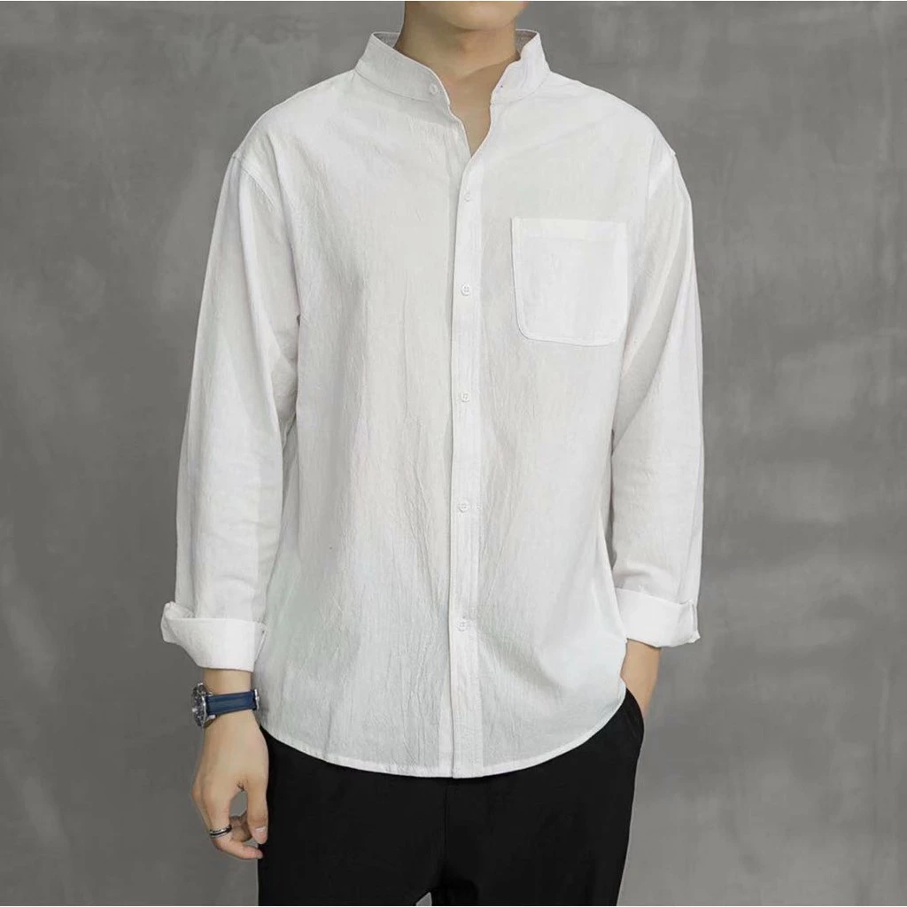 51% OFF Men's Linen Shirts Korean Version White Polo Long Sleeve Shirts Summer Solid Color Thin Beach Shirts