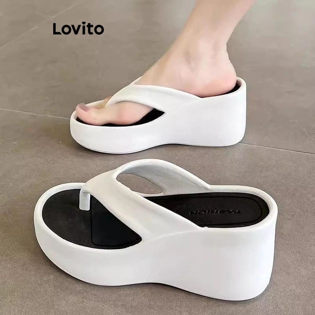 8% OFF Lovito Women Casual Plain Flip Flops Korean Fashion Wedge Thick Sole Increase Height Anti Slip Wear Outside Flat Sandal LFA62266