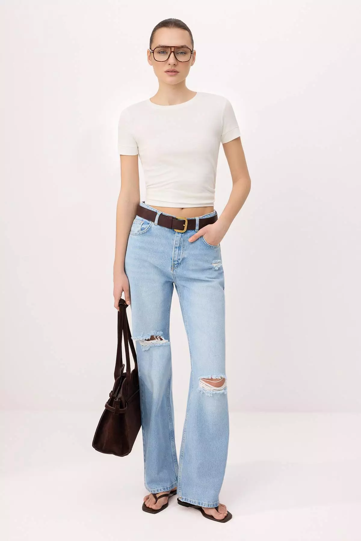 50% OFF Blue Ripped Detailed High Waist Wide Leg Jeans Twoss26Je264