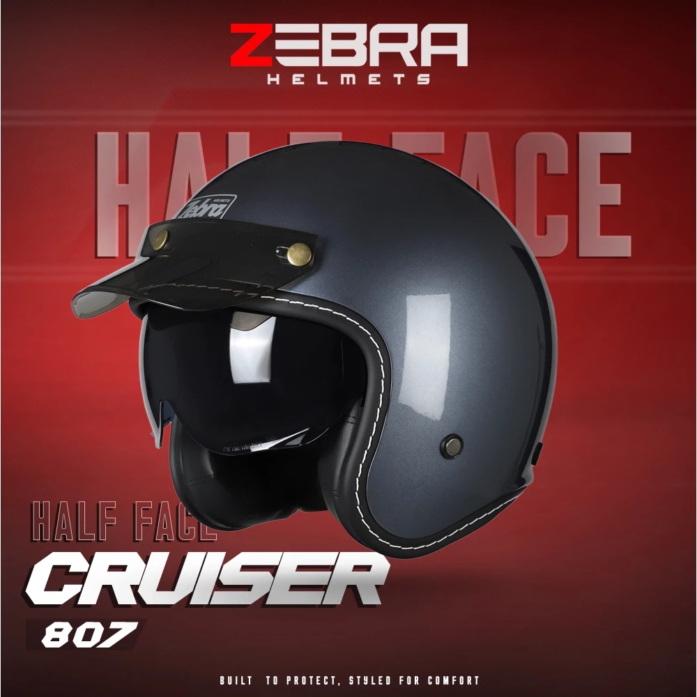 41% OFF ZEBRA 807 Cruiser Mono Color Half Face Single Visor Motorcycle Helmet