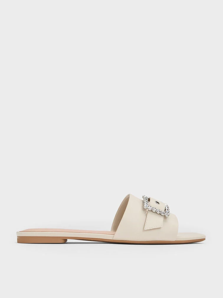 30% OFF Gem-Buckle Square-Toe Slide Sandals - Chalk