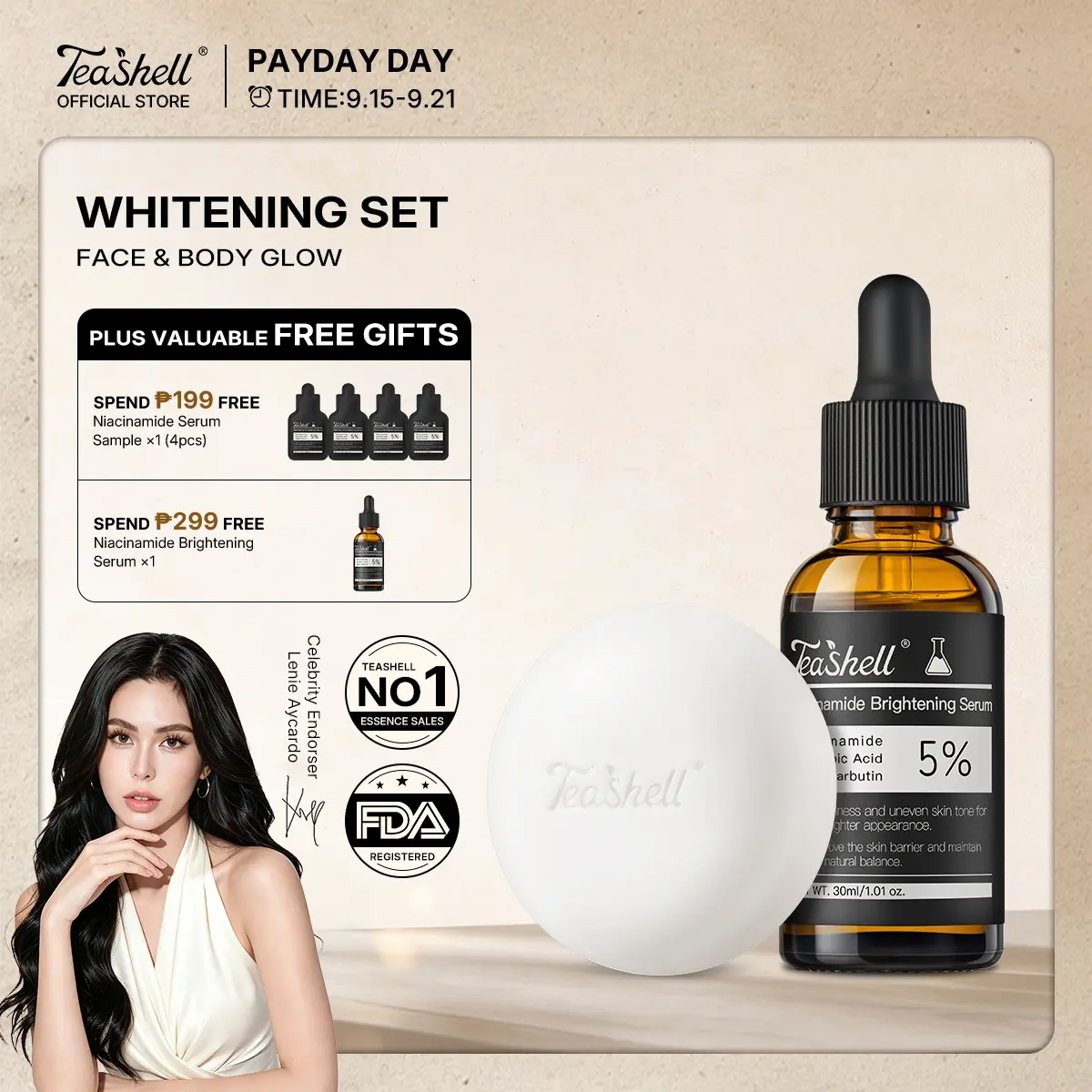 76% OFF【Lenie’s Top Pick】Teashell Brightening Soap & Niacinamide Serum Set Fade Dark Spots Acne Marks Dull Yellow Skin Full Body Whitening Oil Control Skincare Bundle