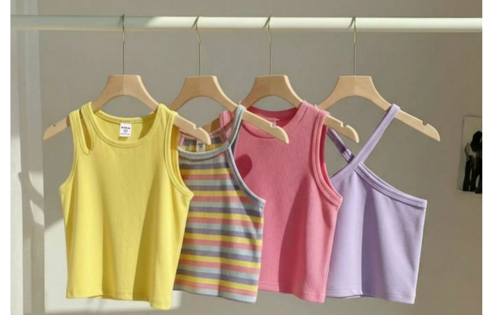 10% OFF Tween Girls 4pcs Girls Macaron Color Hollow Out Crisscross Strap Multi Design Cropped Tank Tops, Summer, Casual, Outfit, Comfortable