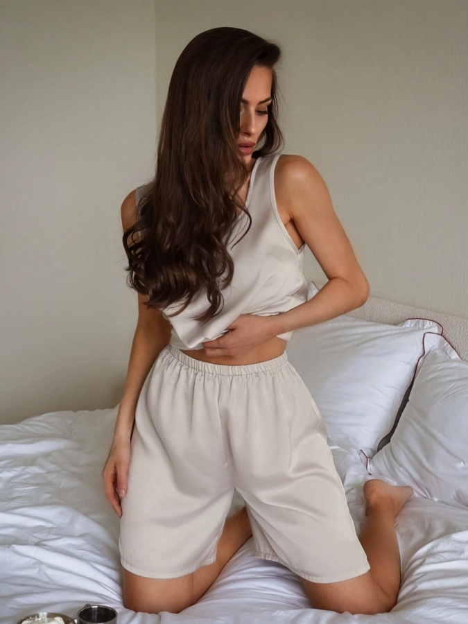 28% OFF Livesso Women's Satin Solid Color Minimalist Camisole And Shorts Pajama Set, Summer