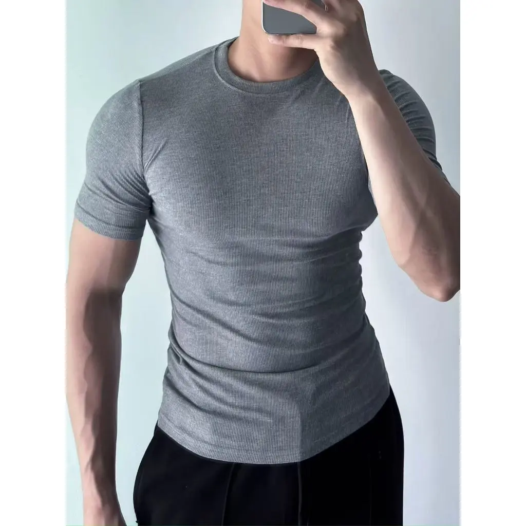 79% OFF Fitted Tshirt Knitted Plain Unisex Stretchable Good Quality Gym Attire Very Comfy Short Sleeve Crew Neck Casual Minimalist OOTD Outfit for Man Beige Menswear Streetwear Outdoor Tops