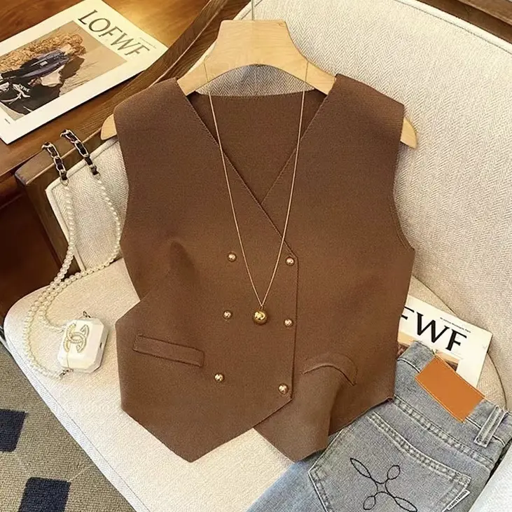 40% OFF MODA Button Down w/ False Side Pocket V-neck Knitted Vest Top M1215