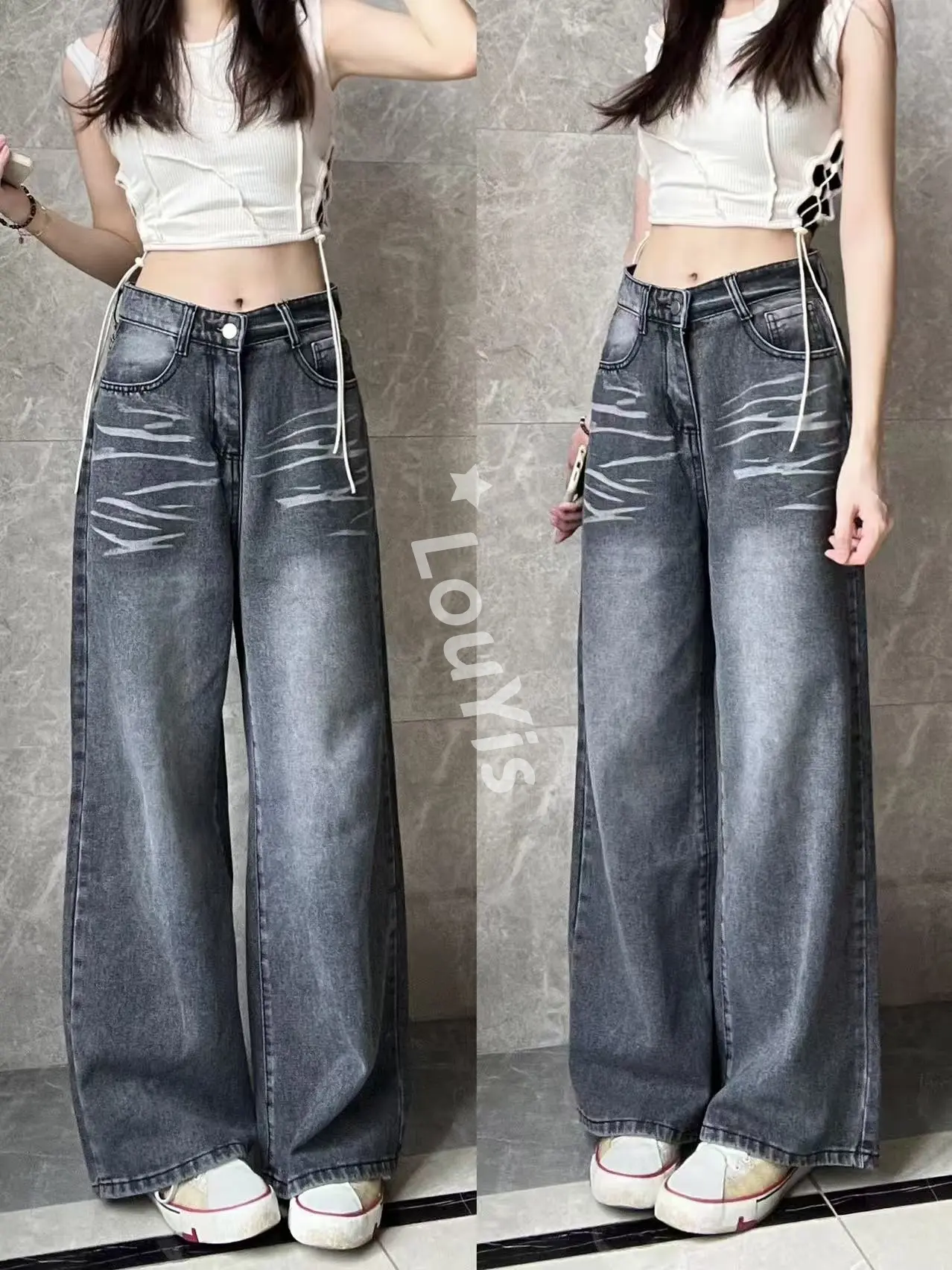 55% OFF American retro style,Gray wide-leg jeans,Unisex loose design jeans