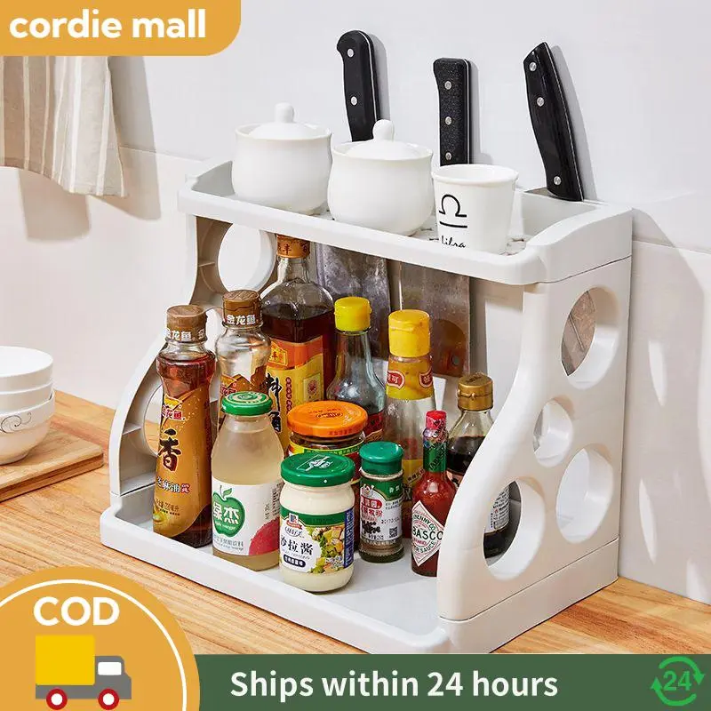 64% OFF Double-layer Multifunction Kitchen Storage Rack Household Plastic Floor-standing Countertop Organizer with Knife Holder Spice Shelf Condiment Rack Punch-free Multi-layer Stand for Soy Sauce Vinegar Utensils Bottles