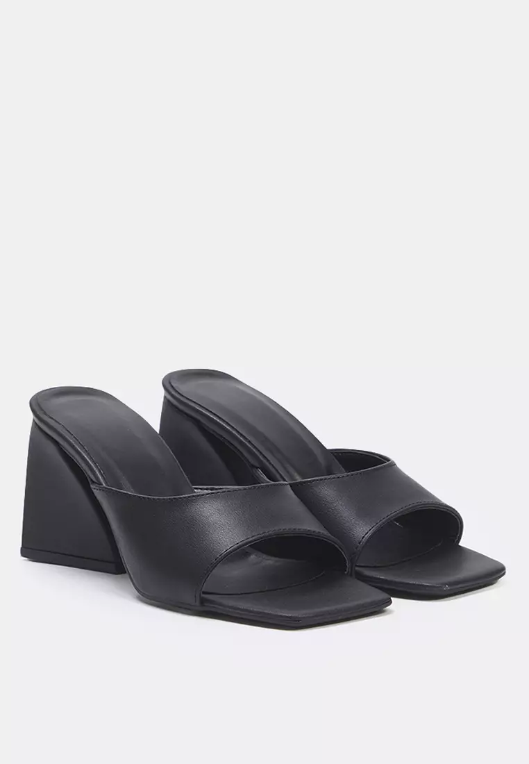 40% OFF Black Asymmetric Block Heeled Thick Banded Square Toe Women's Heeled Slippers Takss25To00009