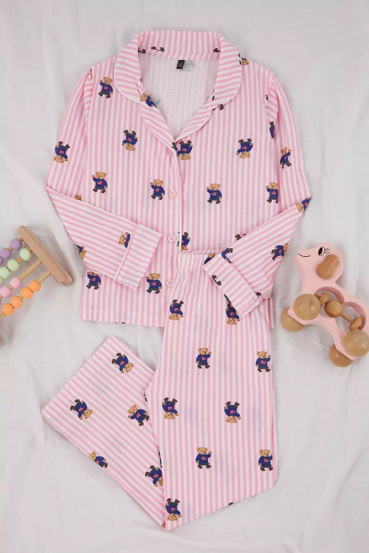 44% OFF Pink Soft Textured Girl'S Patterned Shirt Collar Regular Knitted Pajama Set Tkdaw26Pt00006