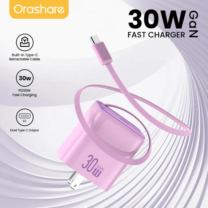 70% OFF Orashare CR30 30W GaN Fast Charger USB C Adapter With Type-C Retractable Cable QC 3.0 PD3.0 Charger For iPone 14 15 Android