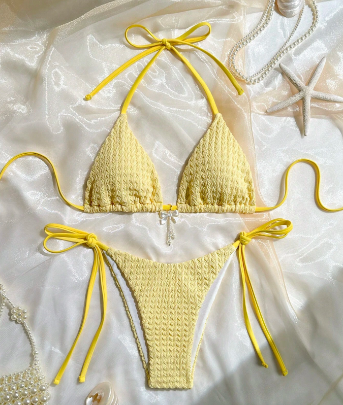 29% OFF Swim Mod 2pcs/Set Women Summer Beach Solid Color Textured Fabric Halter Triangle Bra With Bow Accent And Side Tie Briefs Bikini Set