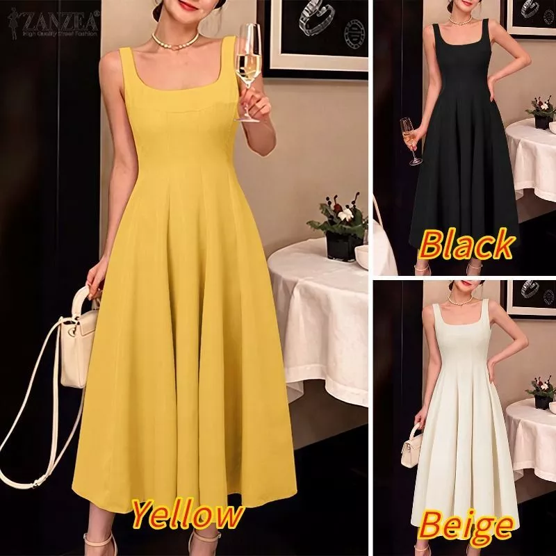 35% OFF ZANZEA Celmia Women Party Elegant Square Neckline WaistA Hem Loose Dresses