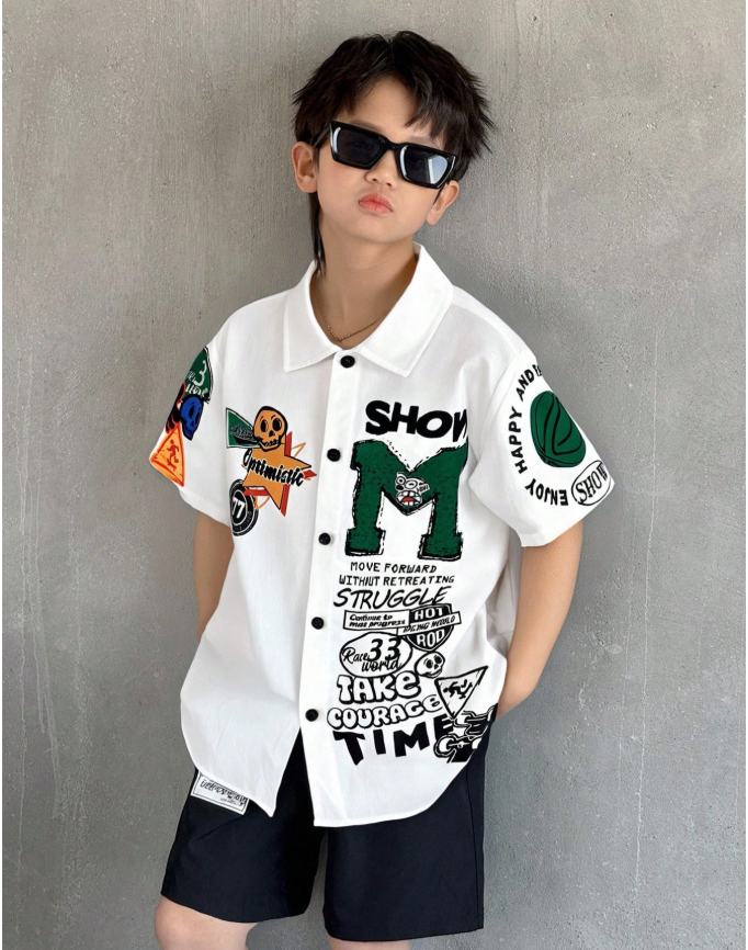 28% OFF SHEIN Tween Boy Casual Loose Street Letter Pattern Polo Collar Short Sleeve Shirt,Suitable For