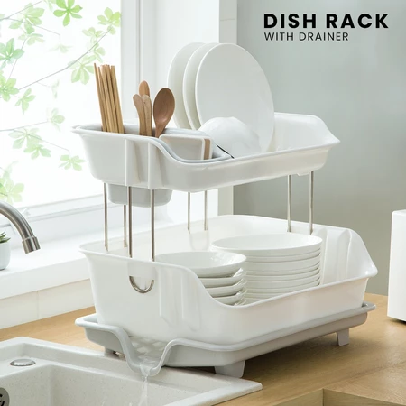 56% OFF LOCAUPIN 2 Tier Dish Drainer Plate Rack with Drain Board Utensil Holder Kitchen Countertop Organizer