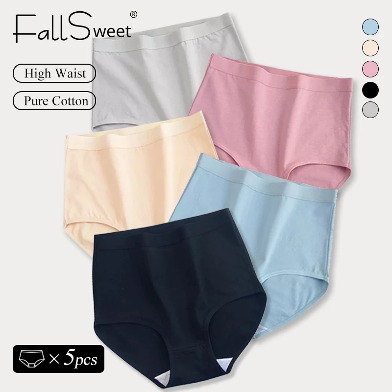 40% OFF FallSweet 5Pcs Cotton Panties High Waist Briefs Solid Color Breathable Underpants Girls Soft Lingerie Plus Size Panty