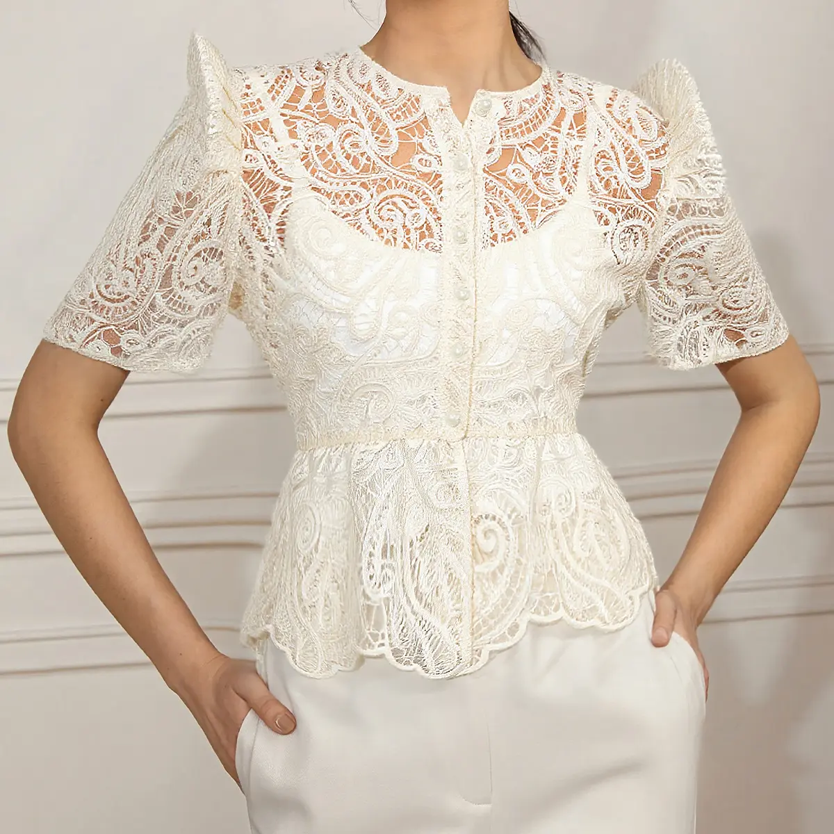 21% OFF  Elegant and Chic Filipina Women's Lace Cutout Camisole Short Sleeve Top - Perfect for Workwear