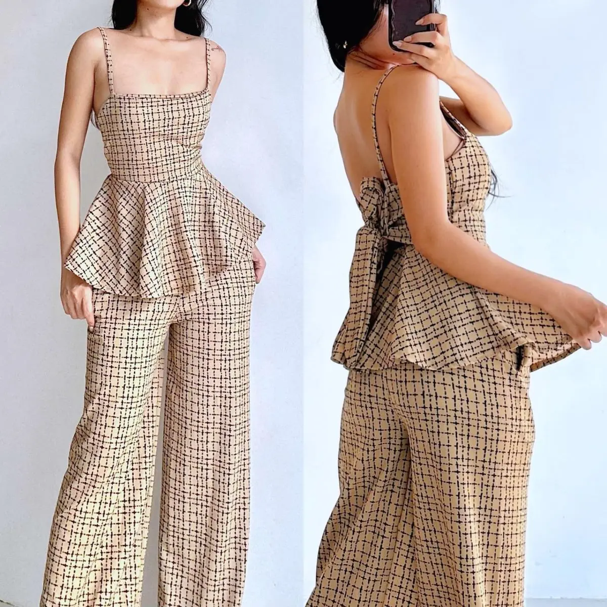 27% OFF Quennie Checkered Print Casual Crepe Terno with Peplum Top & Wide Leg Pants for Women - Summer Fashion