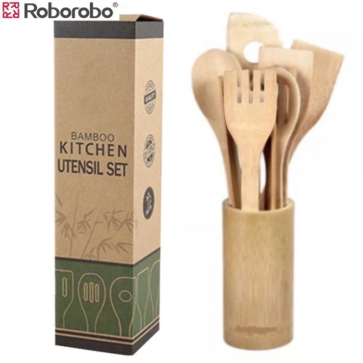 66% OFF Roborobo 8pcs/6pcs Eco Bamboo Utensils Set Wooden Tool Kitchenware Bamboo Utensil Holder Include