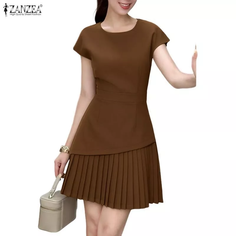 44% OFF ZANZEA Women Korean Fashion Short Sleeve Crew Neck Pleated Waist Dresses