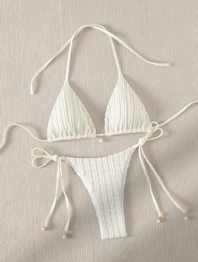 15% OFF Swim Basics Summer Beach Halter Triangle Tie Side Bikini Set
