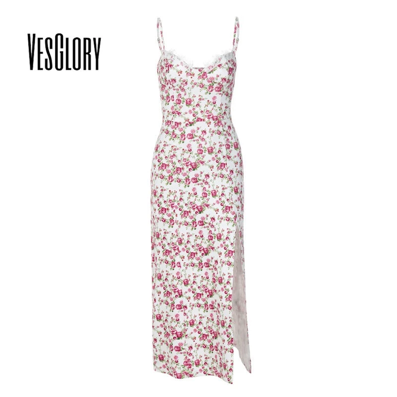 47% OFF VesGlory Women Midi Dress Fashion Floral Print Laced V-neck Adjustable Straps Sexy Slim Fit Cami Dresses