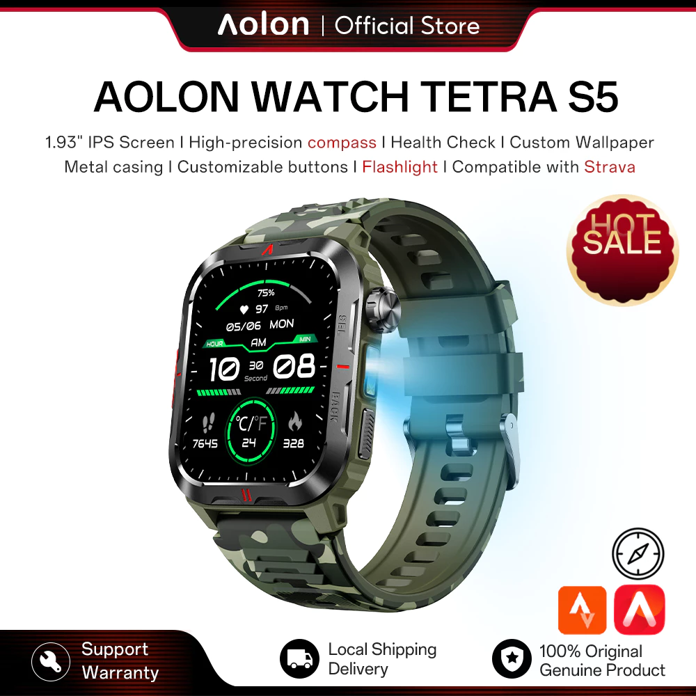 58% OFF Aolon Tetra S5 Smart Watch for men BT Call Flashlight Read WA Compass 1ATM Fitness Health monitoring