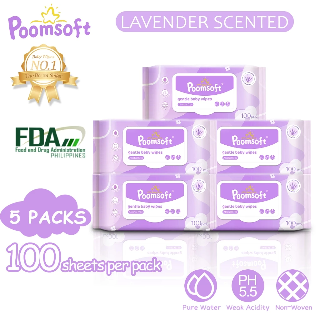 62% OFF Poomsoft 5 Packs x 100 Sheet Lavender Scented No-Alcohol Gentle Wipes For Baby Wet Wipes Disposable