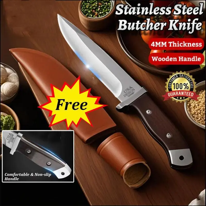 50% OFF 2025 New Kitchen Knife 4MM Stainless Steel Butcher Knife with Leather Case Save Effort and Anti-slip Design for Meat Cutting Vegetables Sharp Wet or Dry Use Cooking Knives Kitchen Accessories Wares