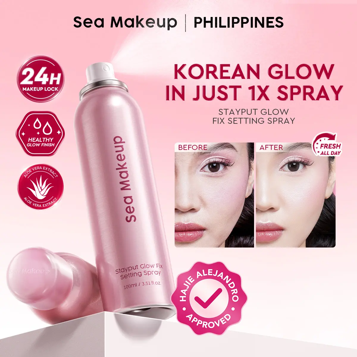 45% OFF [HAJIE ALEJANDRO APPROVED] Sea Makeup Stayput Glow Fix Setting Spray 24H Long Lasting. Continuous fine mist that locks makeup in place with a fresh, glowing finish. Hydrates skin, prevents cakey makeup, blends seamlessly, lightweight