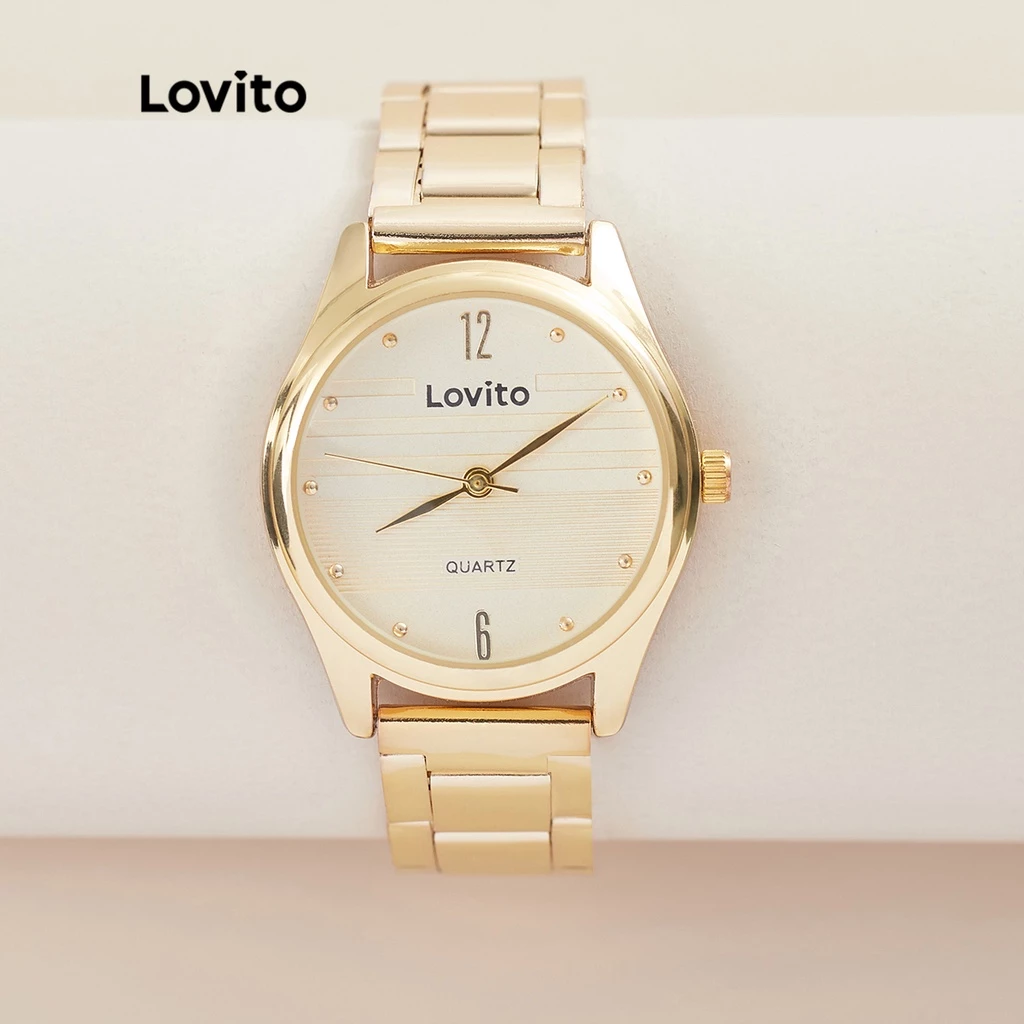 55% OFF Lovito Women Classy Quartz Watch Plain Basic Stainless Steel Strap Quartz Watch LL4025 (Golden)
