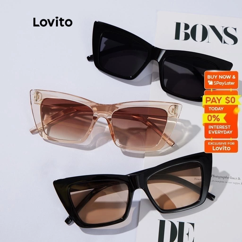 35% OFF Lovito Casual Plain Full Rim Cat Eye Sunglasses With Glasses Box L34AD061