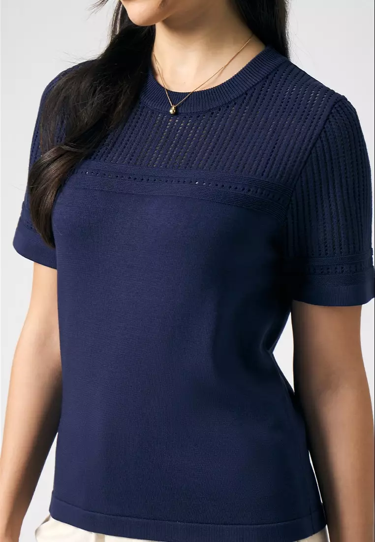 10% OFF MEMO Textured T-Shirt with Openwork Detail
