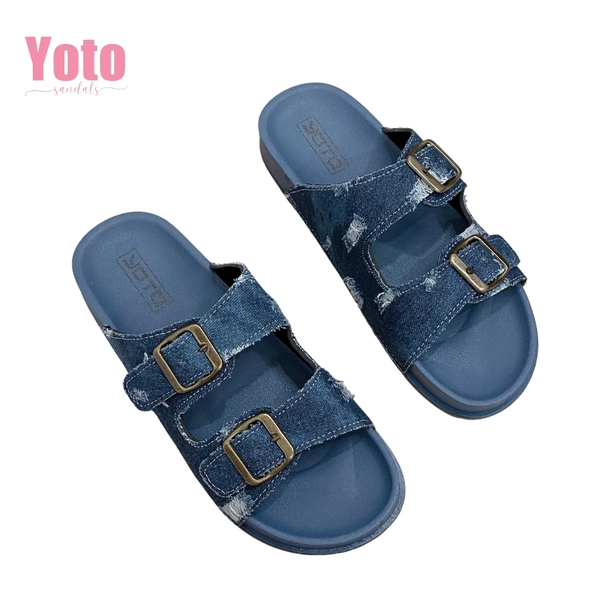 57% OFF YOTO Flat Sandals Two Adjustable Denim Blue Strap Slip On Korean Elegant Sandals Casual Slippers