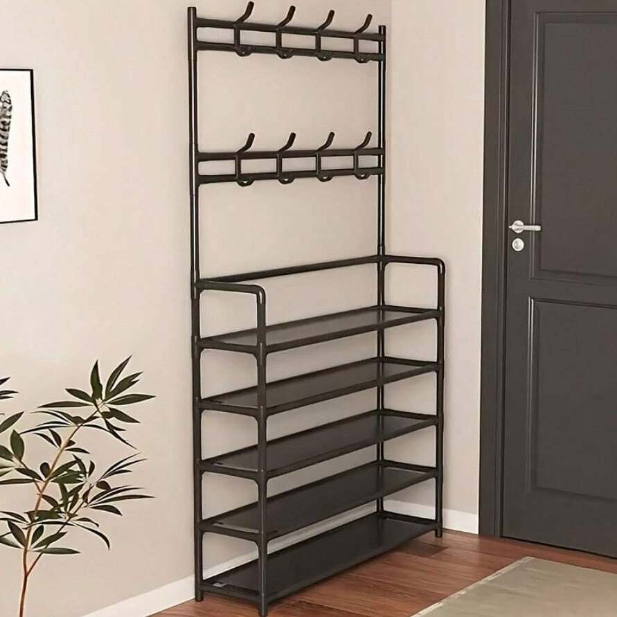 35% OFF 4/5 Tier Heavy Duty Iron Multipurpose Clothes & Shoe Rack With 8 Hooks - Easy Assembly, Space Saving Storage Organizer For Bedroom, Entryway, Living Room - Durable Black/White Metal Stand