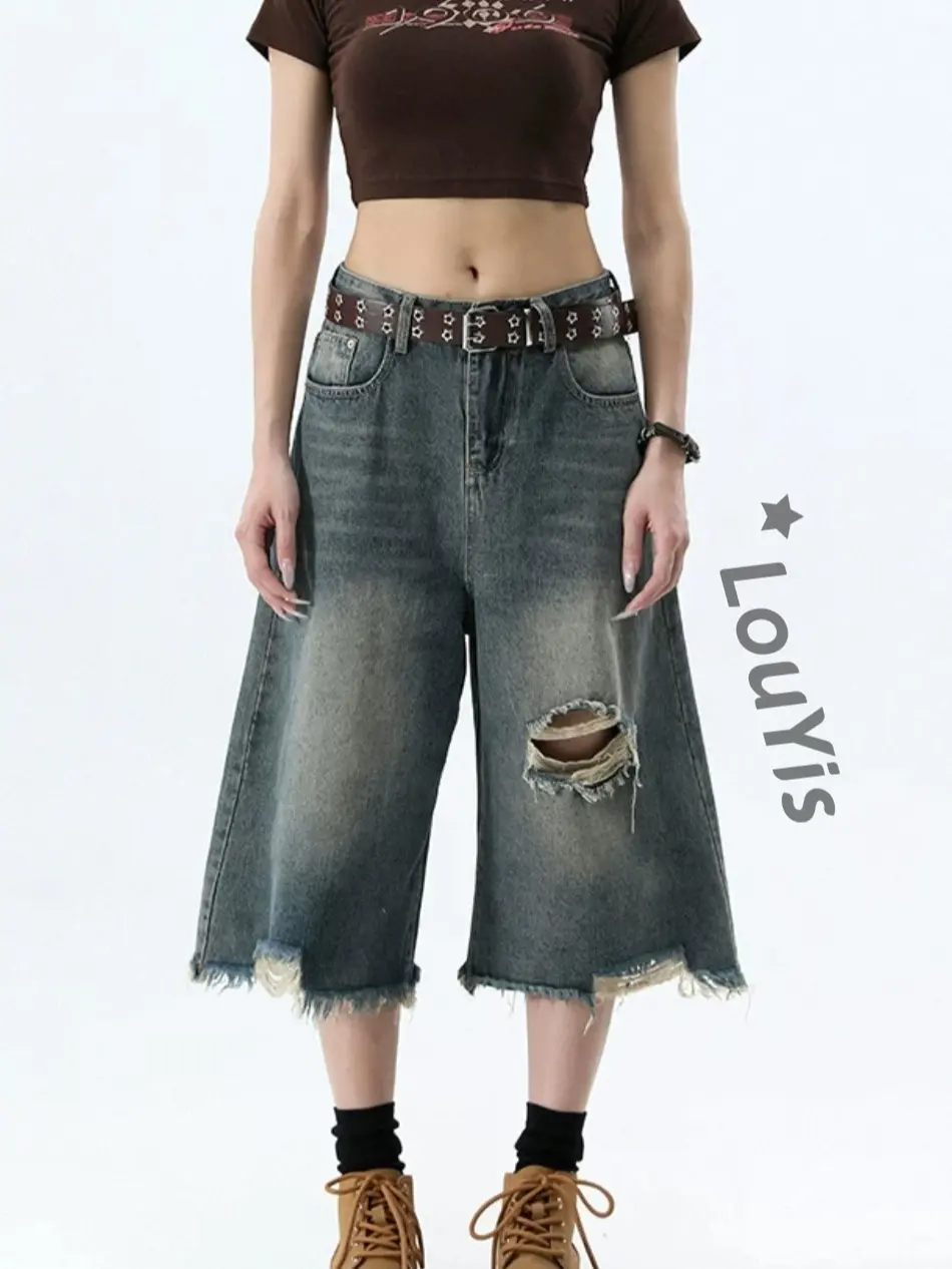 47% OFF Street Style Retro Ripped,Unisex Jeans High Waist Design,Wide-Leg 7-Point Jeans