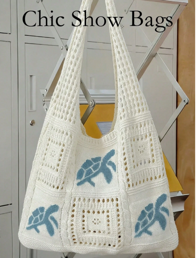 12% OFF Women's Summer Beach Tote Bag - Crochet Design With Sea Turtle Pattern, Large Capacity Open-Top Tote, Beige Polyester, Suitable For Casual Outings And Coastal Vacations, Beach Tote Bag, Travel Accessory, Bohemian Fashion,