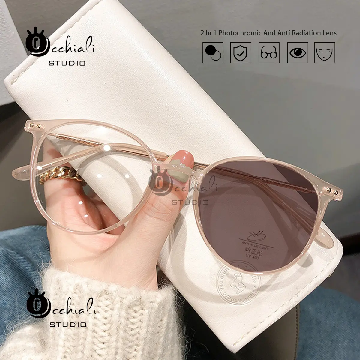 51% OFF【With Free Case&Bag&Glass Cloth】Occhiali Studio  Fashion and  Cute 3 in 1 Photochromic Anti Radiation Eyeglasses Replaceable Lens Eyewaer for Women Men OS9531