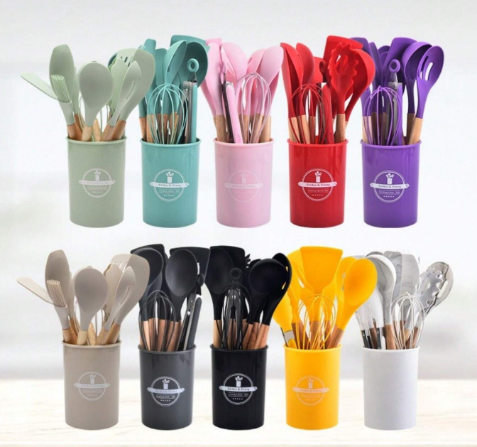 10% OFF 12/14Pcs/Set Wood Handle Non-Stick Silicone Kitchen Cooking Utensil Set, Heat Resistant Silicone Cookware With Storage Bucket