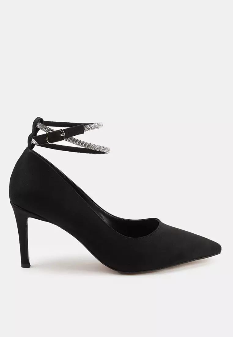 80% OFF Women's Classic Black Thin Heeled Evening Shoes - Ankle Strap